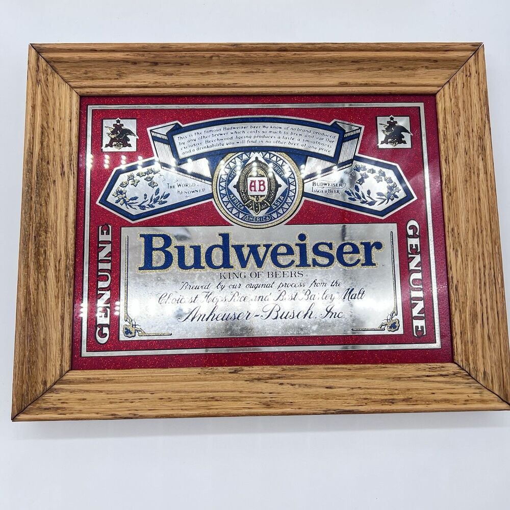 Vintage Budweiser Beer Advertising Solid Wood Framed Mirror Sign Bud-NOS 1981
